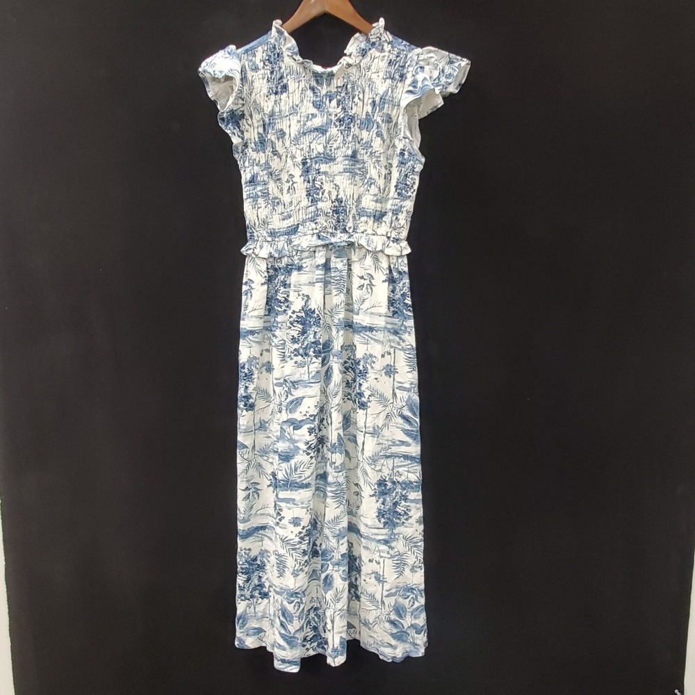 Moon River Womens Flutter Sleeve Toile Linen‎ Dress Size L Blue White Hawaiian